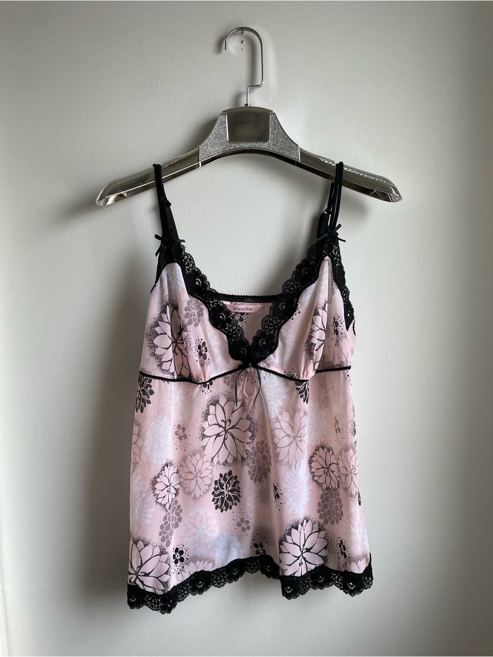 Pink and Black Floral Lace-Trim Cami-La Vie en Rose-size XL